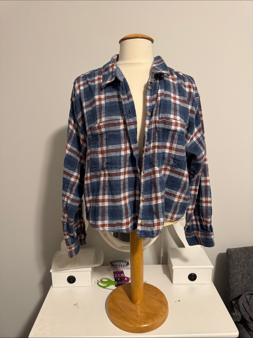 American Eagle Blue and Rust Plaid Shirt